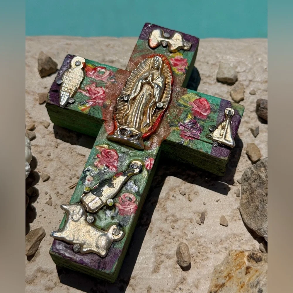 Milagros Silver Metal Charm Spanish Folk Art Painted Wood Cross-Turquoise Blue
